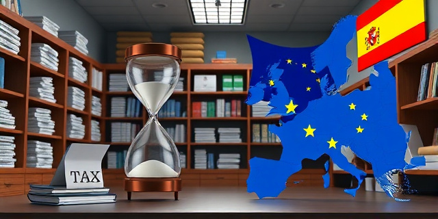 Una oficina de impuestos con estanterías llenas de facturas, un gran reloj de arena que simboliza el tiempo límite de la UE, un mapa de España y la bandera de la UE, todo bajo una luz tenue que sugiere urgencia fiscal.