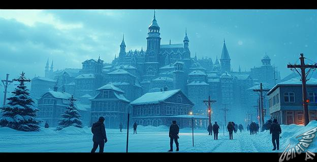 Una imagen de un paisaje invernal con una ciudad cubierta de nieve y hielo, con personas luchando por sobrevivir en un entorno hostil.