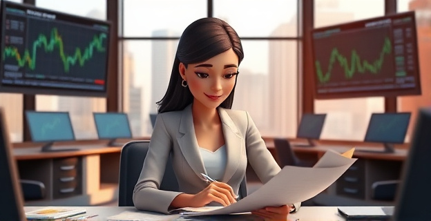 Imagen de una mujer sentada en una sala de reuniones de un banco, rodeada de papeles y pantallas con gráficos bursátiles. Al fondo, un gran ventanal con vista a una ciudad. La mujer sostiene un bolígrafo y mira hacia abajo, con expresión pensativa.