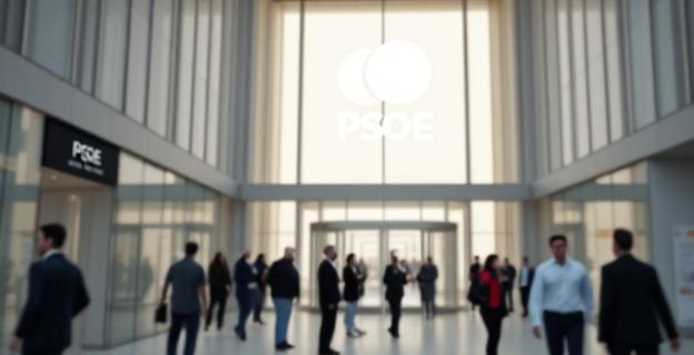 Edificio de una empresa pública española con personas entrando y saliendo, sin mostrar rostros reconocibles. Al fondo, un gran logotipo del PSOE.