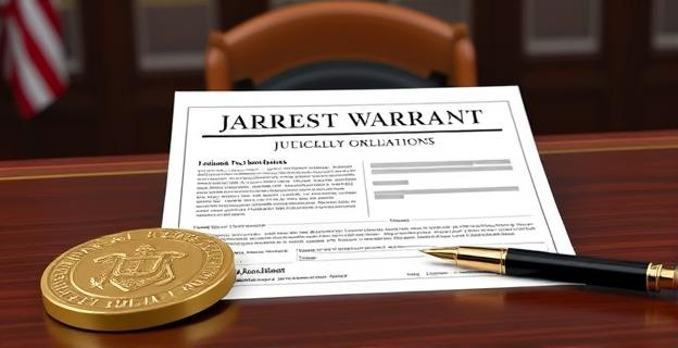 Imagen de una orden de detención judicial con un sello oficial y una pluma sobre un escritorio judicial