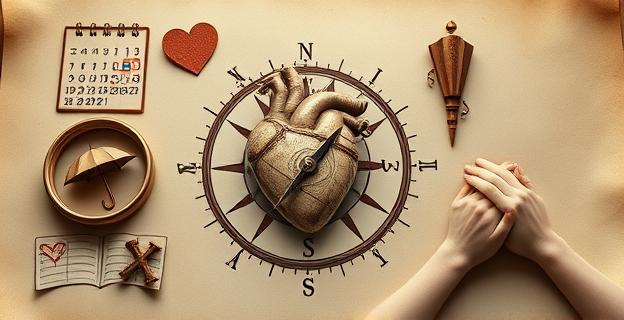 Una brújula antigua que apunta hacia un corazón humano estilizado, sobre un pergamino con símbolos de unión y durabilidad. Alrededor, elementos que representan desafíos cotidianos y apoyo, como un calendario con días marcados, un paraguas bajo una tormenta y dos manos entrelazadas discretamente, todo en tonos cálidos y suaves, con un fondo de siluetas abstractas que evocan momentos buenos y malos.