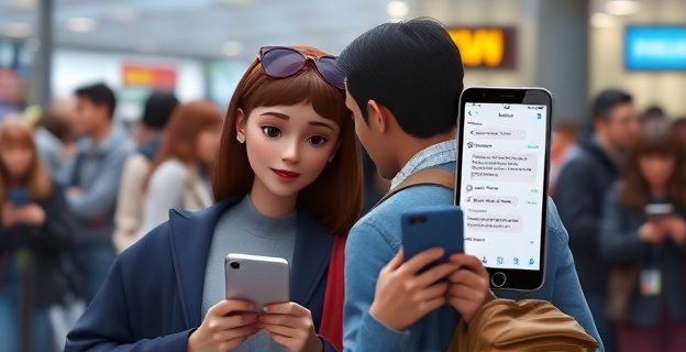 Imagen de una pareja en un entorno público con una pantalla de móvil mostrando mensajes comprometedores en el fondo, mientras la gente alrededor mira con desaprobación. No incluir personas ni nombres propios reconocibles.
