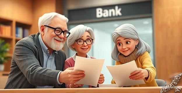 Una familia con padres mayores y un hijo adulto en un banco, con documentos y dinero en una mesa, sonriendo mientras hablan de finanzas.