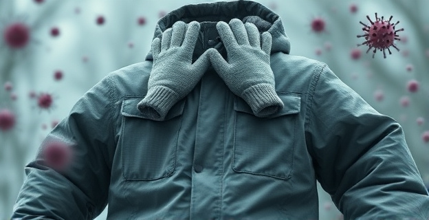 Una chaqueta de invierno sucia y arrugada con guantes encima, rodeada de microbios y bacterias en el aire