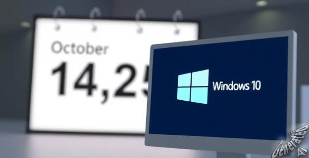 Una imagen de una pantalla de computadora con el logotipo de Windows 10 y un calendario en el fondo mostrando la fecha 14 de octubre de 2025.