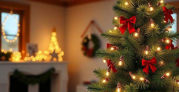 Imagen de luces de Navidad LED colgadas en un árbol de Navidad en una habitación acogedora con decoraciones festivas