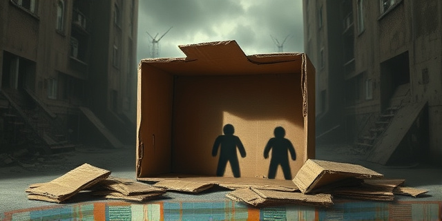 Una composición surrealista que representa una caja de cartón desmoronándose, revelando un interior vacío y oscuro con sombras que se asemejan a figuras humanas hambrientas. El fondo es un paisaje urbano desolado y en ruinas, con colores apagados y contrastes dramáticos. La luz ilumina tenuemente la caja, creando una atmósfera de desesperación y abandono. Estilo pictórico expresionista, con pinceladas gruesas y texturas rugosas.