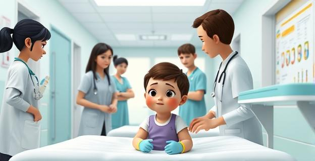 Imagen de un hospital con personal médico atendiendo a un niño pequeño con signos visibles de maltrato, sin mostrar rostros ni nombres propios.