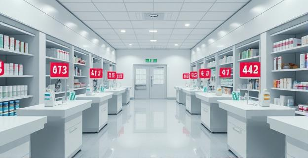 Un hospital con varios mostradores de farmacia con medicamentos etiquetados con diferentes precios para el mismo producto