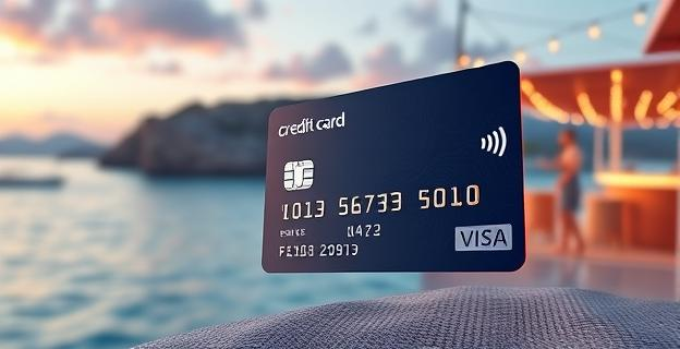 Imagen de una tarjeta de crédito sobre un fondo de la isla de Ibiza con un chiringuito y una discoteca al fondo