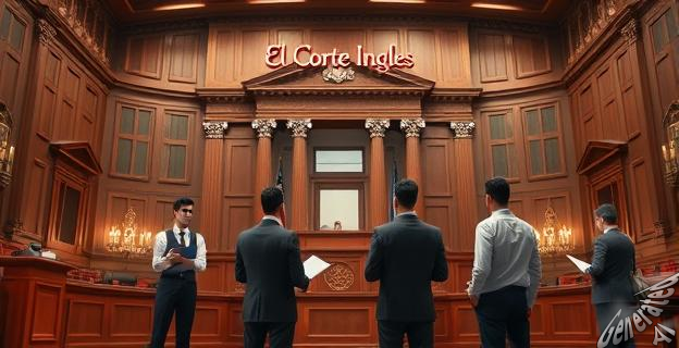 Ilustración de un tribunal de justicia con una imagen de El Corte Inglés al fondo, y trabajadores de logística en primer plano con documentos en mano.