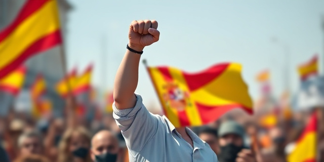 Una imagen de una persona con una bandera catalana y un puño levantado, con un fondo de manifestaciones y protestas