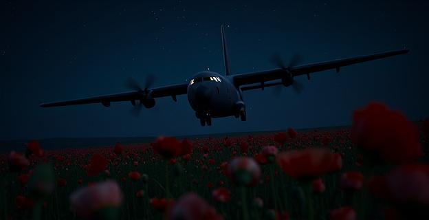 Imagen de un avión C-130 volando sobre campos de amapola en Afganistán durante la noche, con luces apagadas y semillas cayendo desde el avión