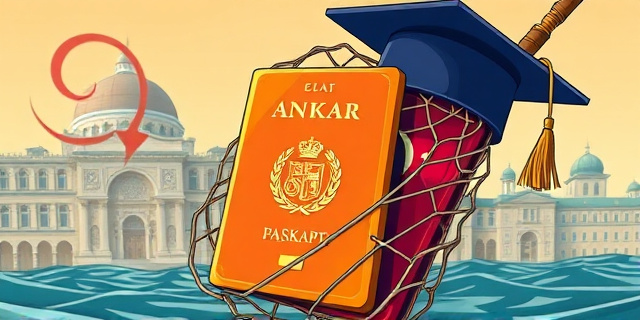 Una ilustración satírica de un pasaporte dorado atrapado en una red de pesca jurídica, con un fondo que mezcla la arquitectura de Ankara y un birrete de graduación universitario, estilo caricatura editorial de periódico, colores contrastados y trazo ácido.