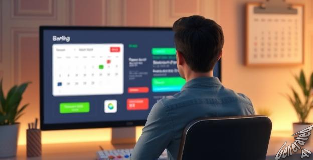 Una persona frente a una pantalla de computadora con gráficos de transferencias bancarias y un calendario en el fondo.