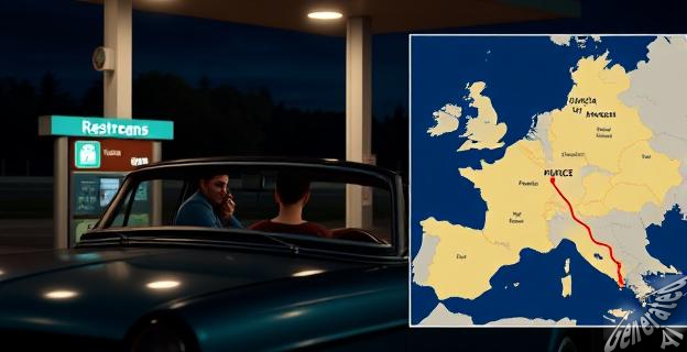 Una familia en un coche detenido en una gasolinera por la noche, con una mujer saliendo hacia los baños. Al fondo, una señal de carretera indicando Orléans. Un mapa de Francia con un recorrido marcado desde París hasta Marruecos pasando por varias regiones.