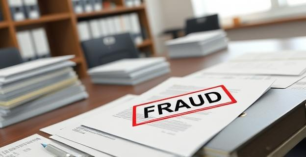 Oficina del SEPE con documentos y expedientes sobre una mesa, con un sello de 