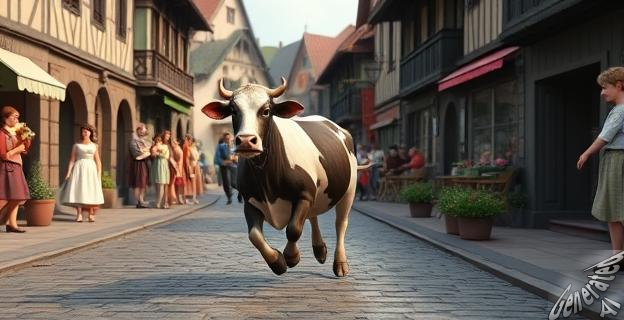 Una vaca desbocada en una calle empedrada de una ciudad antigua durante una celebración tradicional con gente alrededor