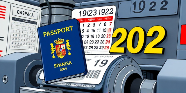 Una ilustración satírica que muestra un pasaporte español siendo impreso a una velocidad vertiginosa en una máquina industrial, mientras un calendario de fondo salta bruscamente del año 1923 al 2022. Estilo de caricatura editorial de periódico, con colores contrastados y un aire de ironía burocrática.