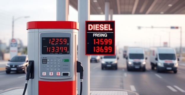 Imagen de una gasolinera con un surtidor de diésel y un cartel mostrando un precio al alza, con un fondo de coches y camiones en una carretera concurrida.