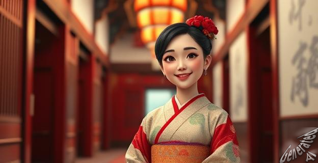 Una mujer japonesa con kimono sonriendo en un pasillo de un palacio