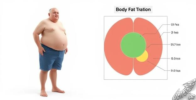 Una ilustración de una persona con sobrepeso y una representación gráfica de la distribución de la grasa corporal en diferentes partes del cuerpo.