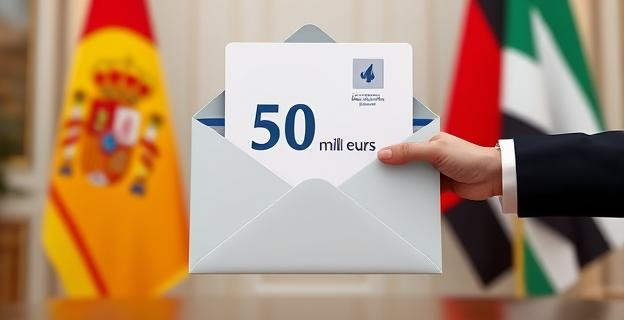Imagen de un sobre con 50 millones de euros siendo entregado en un entorno diplomático con banderas de España y Palestina al fondo