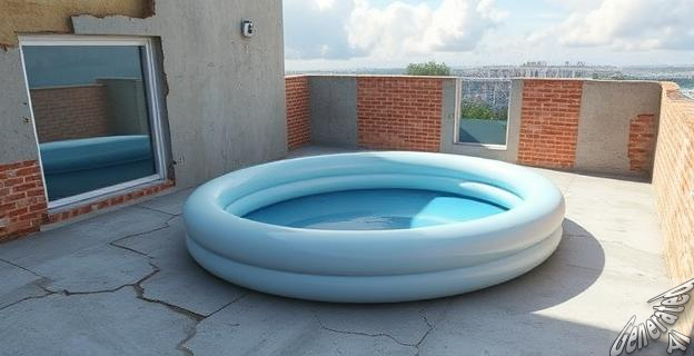 Una terraza de edificio con una piscina desmontable de gran tamaño, parcialmente vacía, mostrando grietas en el suelo y en la pared adyacente, con elementos de construcción como ladrillos y hormigón expuestos. El cielo es parcialmente nublado, con una sensación de inestabilidad.