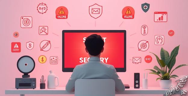 Una imagen de una persona frente a una computadora con una pantalla de alerta de seguridad, rodeada de iconos de inteligencia artificial y estafas online.
