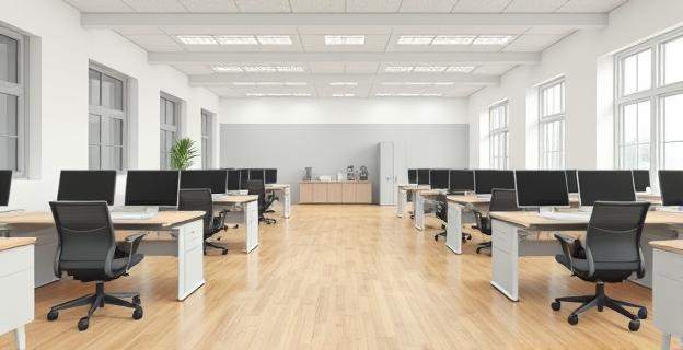 Oficina vacía con sillas y mesas desocupadas