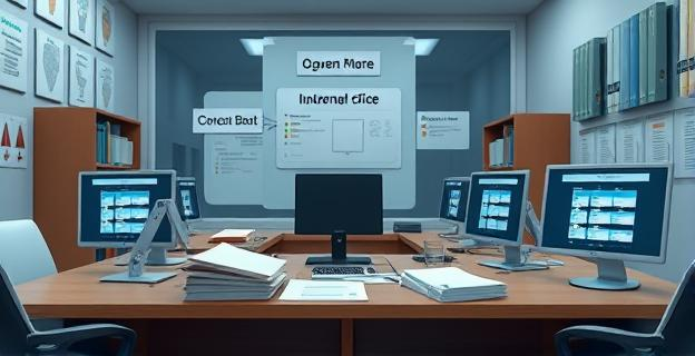 Oficina gubernamental con documentos y computadoras mostrando procesos de adjudicación de fondos públicos y controles internos