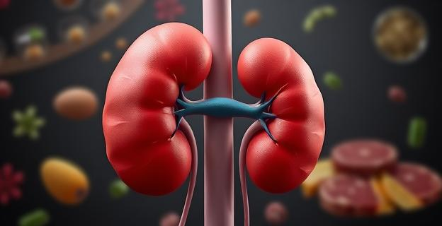 Imagen de un riñón humano sano con una ilustración de proteínas siendo filtradas en el glomérulo, con un fondo que muestra alimentos ricos en proteínas como huevos, carnes magras y legumbres