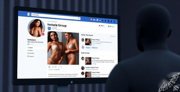 Una imagen de una pantalla de computadora mostrando un grupo de Facebook con imágenes íntimas de mujeres, con hombres comentando en la sección de comentarios.