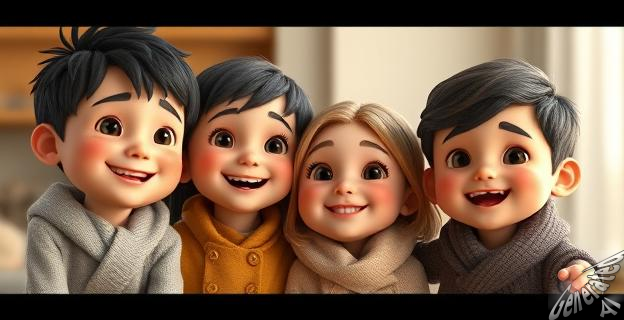 Una familia con cuatro hijos sonriendo juntos en una imagen cálida y acogedora.