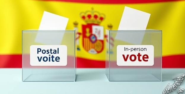 Una urna electoral con una bandera de España al fondo y un letrero que dice 
