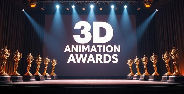 Escenario de gala de premios con trofeos y luces brillantes, decorado con elementos latinos y modernos, sin personas ni nombres propios visibles