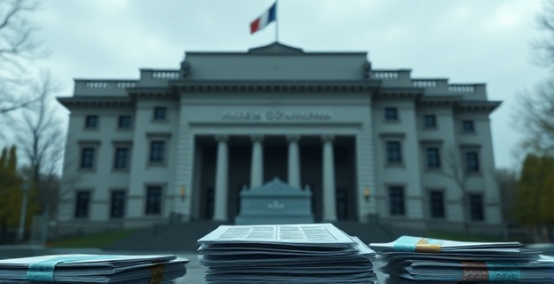 Imagen de un edificio gubernamental con un ambiente de tensión, representando la sede de Adif con documentos y expedientes sobre Madrid Nuevo Norte en primer plano.