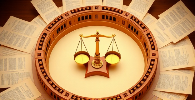 Una imagen de un hemiciclo del Congreso de los Diputados con una balanza en el centro, simbolizando el equilibrio entre las pensiones y las ayudas a los inquiokupas, con un fondo de documentos y papeles representando los decretos y medidas gubernamentales.