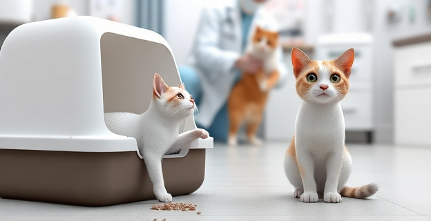 Imagen de un gato cerca de un arenero sucio y un veterinario examinando un gato en el fondo