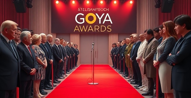 Una alfombra roja en la que se ven figuras políticas y celebridades, con un micrófono en el centro y una pancarta con los Premios Goya al fondo. Un ambiente tenso y expectante.