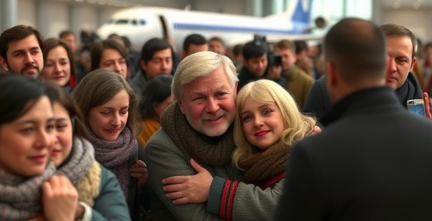 Una multitud de personas con expresiones de alivio y emoción contenida en un aeropuerto, con un avión al fondo y familiares abrazando a hombres y mujeres recién liberados, con semblantes cansados pero esperanzados. Al fondo, periodistas con cámaras y micrófonos.