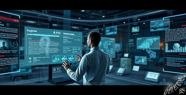 Una imagen de una persona interactuando con un entorno 3D generado por una IA, con texto y objetos en el espacio virtual.