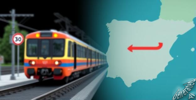 Imagen de un tren en una vía con señales de limitación de velocidad, al fondo una imagen borrosa de un mapa de España resaltando el norte.