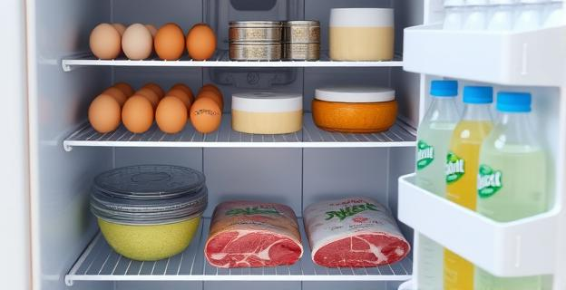 Imagen de una nevera organizada con diferentes tipos de alimentos en sus respectivas zonas: huevos y lácteos en la parte superior, carnes y pescados crudos en la parte inferior, y refrescos en la puerta.