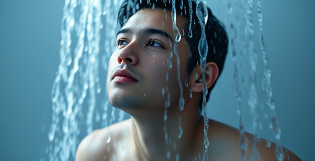 Una persona bajo una ducha de agua helada, con vapor frío emanando. La imagen combina elementos de energía revitalizante y claridad mental, con destellos de luz que sugieren un impulso de oxígeno y actividad celular. El ambiente es minimalista, enfocado en la interacción del cuerpo con el agua, simbolizando salud y bienestar. Sin rostros reconocibles.