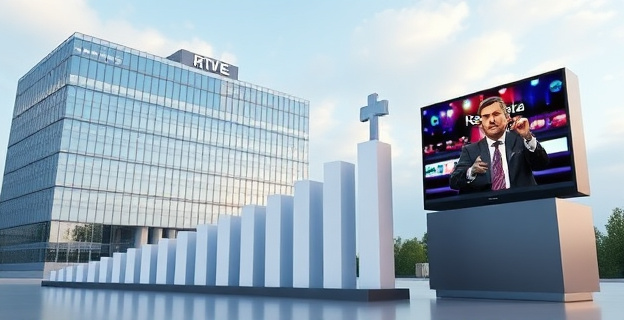 Una imagen que represente un edificio corporativo con un gráfico de barras ascendentes en primer plano, simbolizando el superávit y el crecimiento de RTVE, con un televisor mostrando una imagen de 