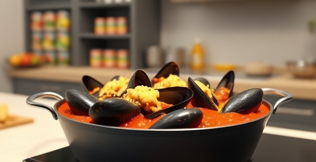 Una cocina moderna con una sartén humeante donde se cocinan mejillones de lata en una salsa de tomate espesa y cremosa con queso derretido. Al fondo, una despensa con latas y productos frescos.