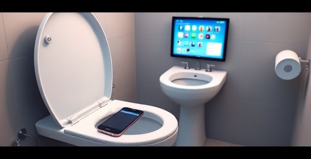 Imagen de un baño moderno con un inodoro y un teléfono móvil sobre el borde de la taza, con una pantalla mostrando redes sociales y una atmósfera que sugiere un ambiente relajante pero con un toque de alerta por el riesgo de hemorroides.