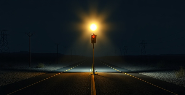 Una baliza de carretera con una luz intermitente en un paisaje nocturno desolado, rodeada de sombras que podrían representar a posibles delincuentes acechando.